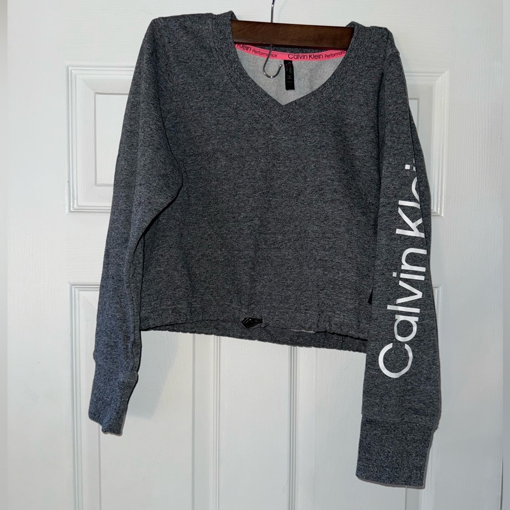 Calvin Klein Performance Gray Cropped Sweatshirt Logo Sleeve Size M